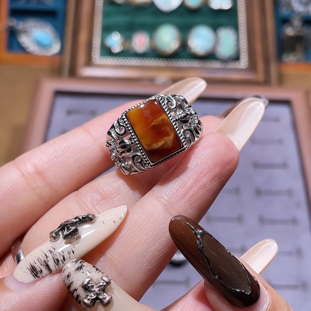 @***～琥珀银S925镶嵌戒指戒指