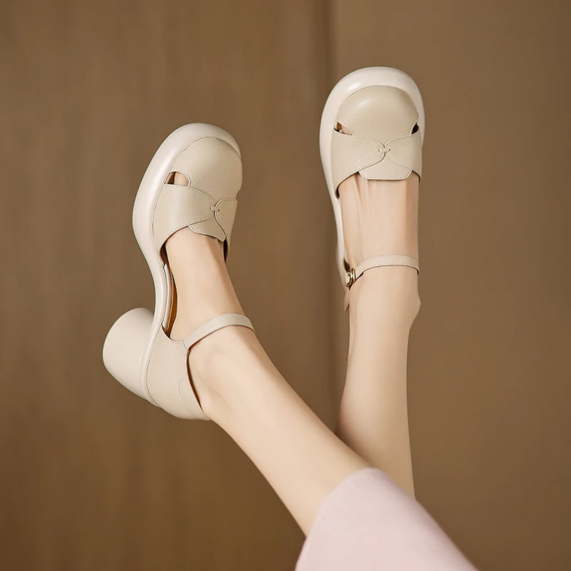 羊皮5-7cm专柜新款超轻防水台厚底小个子增高不累中空凉鞋女