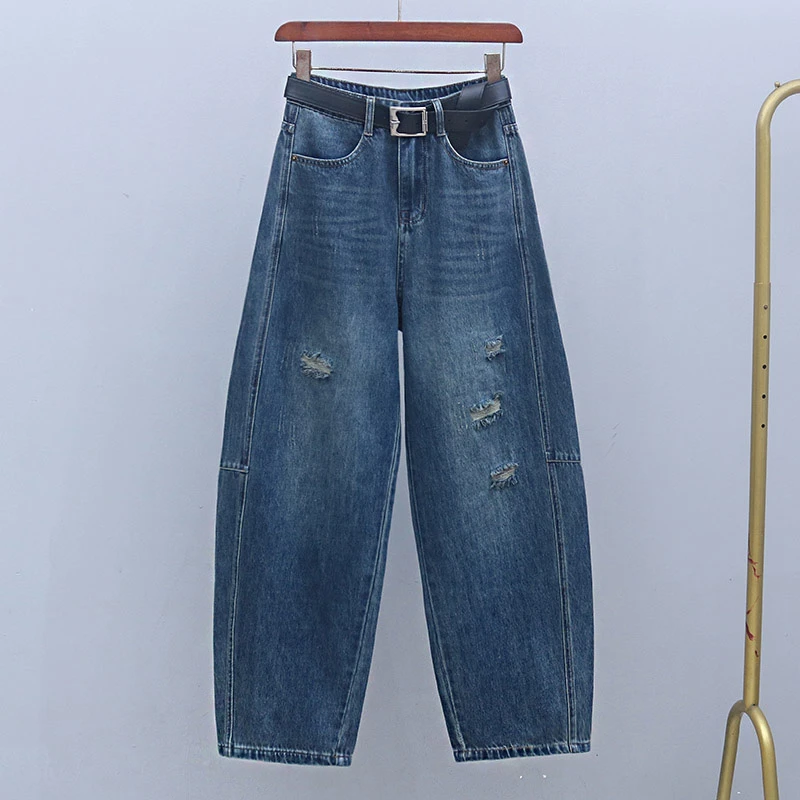 秋季高腰牛仔裤破洞宽松显瘦阔腿香蕉裤2025年新款时尚长裤弯刀裤