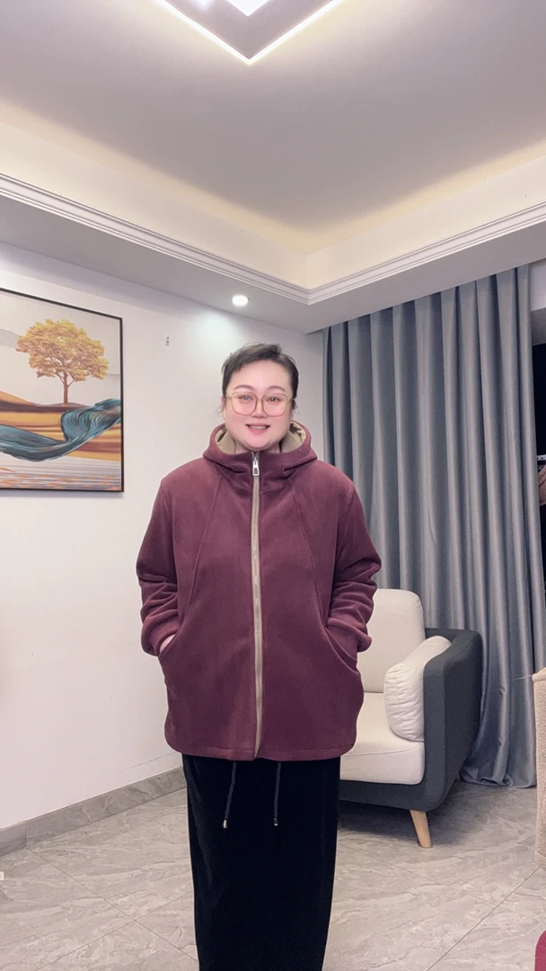 秋冬季加厚双面奥利绒休闲连帽外套时尚宽松保暖好穿妈妈装外套