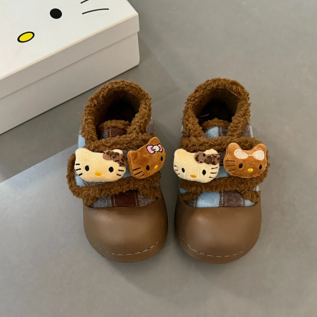 厚底增高卡通可爱黑皮kt棉鞋女2025秋冬新款加绒保暖魔术贴雪地靴