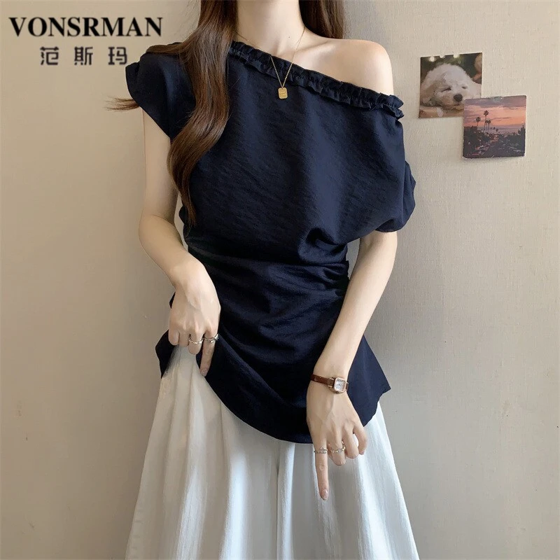 设计感木耳边斜肩短袖t恤女2025夏大码胖mm显瘦独特别致掐腰上衣