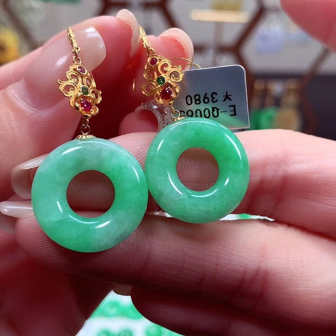 翡翠耳饰18K金镶嵌天然翡翠