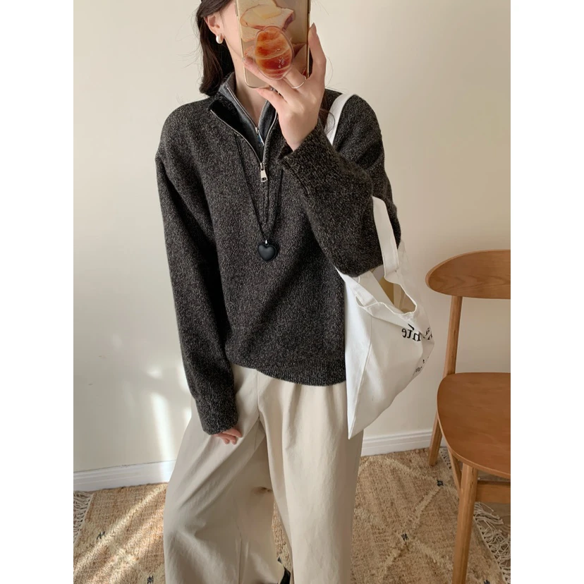 玳妮【拼色双领】春季新款双层领半拉链针织毛衣时尚百搭休闲网红款