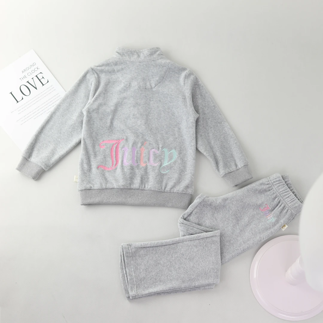 大童立领高级感天鹅绒亲肤儿童春秋女童时尚简约运动套装休闲