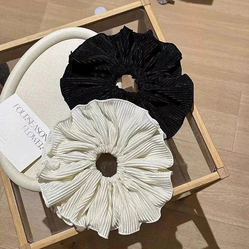 新款法式优雅气质时尚头绳发饰花边竖条纹褶皱大肠发圈低马尾