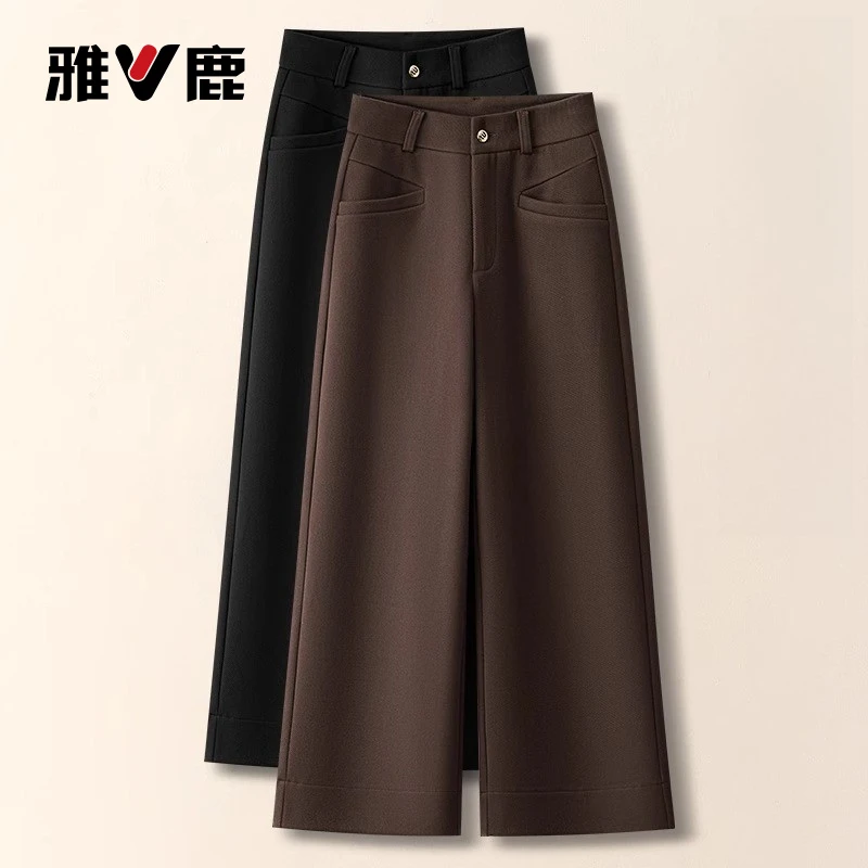 雅鹿小个子咖色阔腿裤女秋冬2025年新款宽松加绒加厚百搭休闲裤子