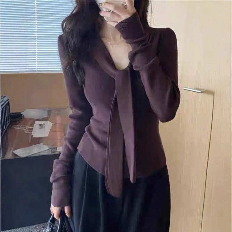 秋季新款秋冬加绒磨毛长袖T恤女设计感绑带内搭打底衫修身收腰不