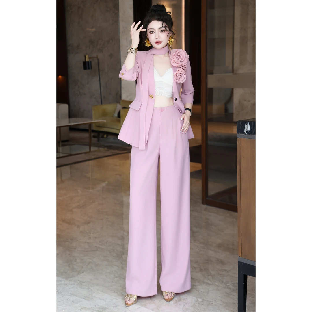 ZEROYK高定职业装2025春夏新款设计感立体花朵绑带西服长裤四件套
