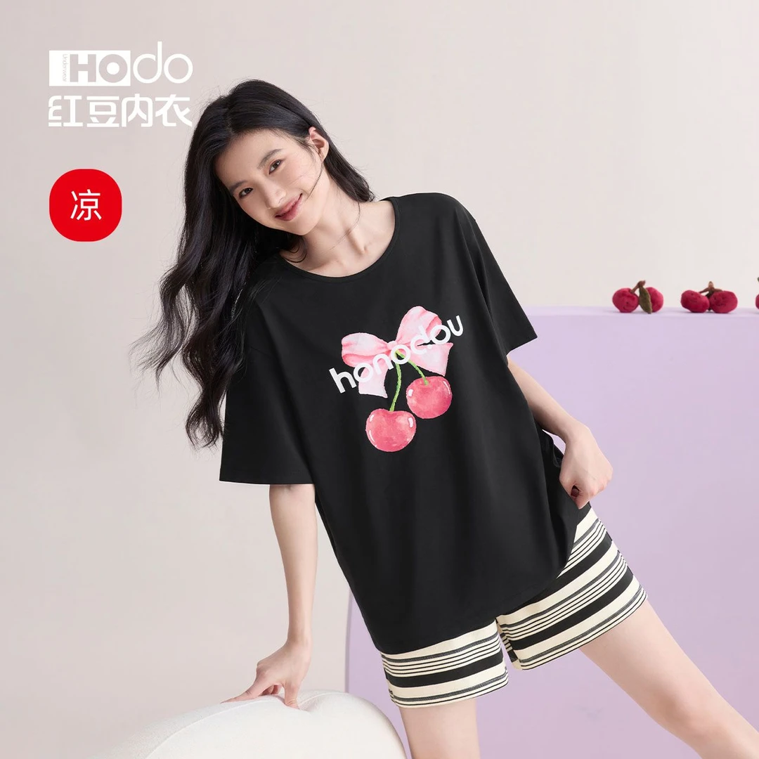 红豆凉感纯棉睡衣女士短袖短裤休闲套装可外穿套头T恤春夏季宽松
