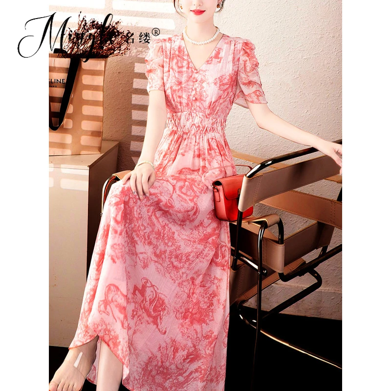 2025年夏季流行漂亮裙子粉色印花大摆长裙气质优雅v领短袖连衣裙