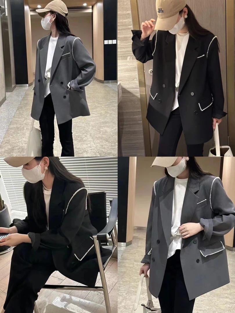 流苏高级灰西装外套女中长款春流苏边宽松显瘦休闲西服