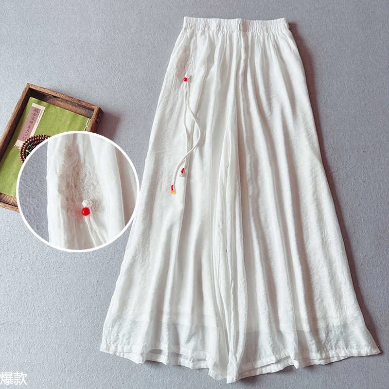 新中式国风复古刺绣宽松气质春夏百搭松紧腰双层轻薄仙女裤阔腿