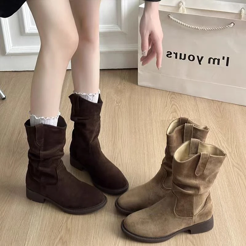 短靴子女粗跟中筒堆堆靴子女款秋季2025新款美德拉西部牛仔马丁靴