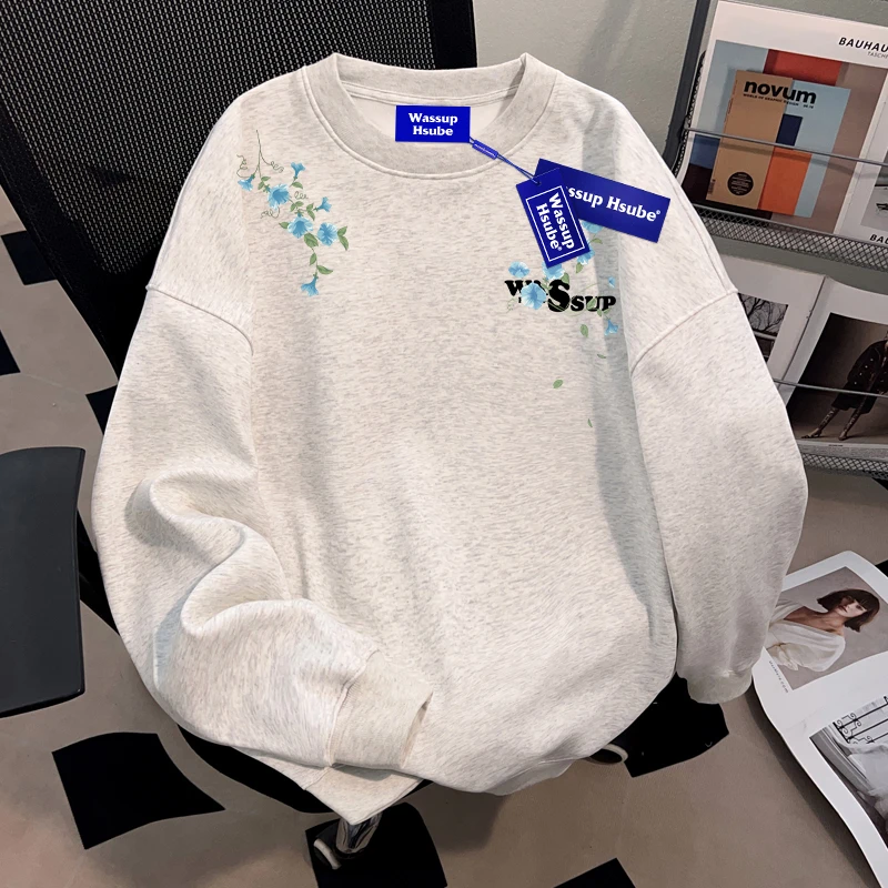 WASSUP HSUBE美式潮流花卉字母圆领重磅卫衣秋季男女情侣上衣ins