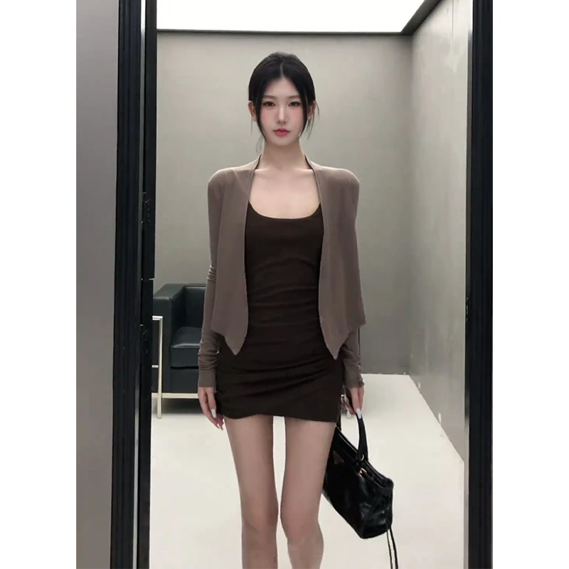 2025夏季新款韩系穿搭百搭修身薄款开衫收腰显瘦方口领包臀连衣裙