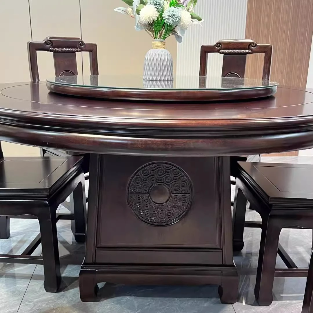 紫金檀大圆桌餐桌古典家用新中式饭桌圆形雕花餐厅自建房用