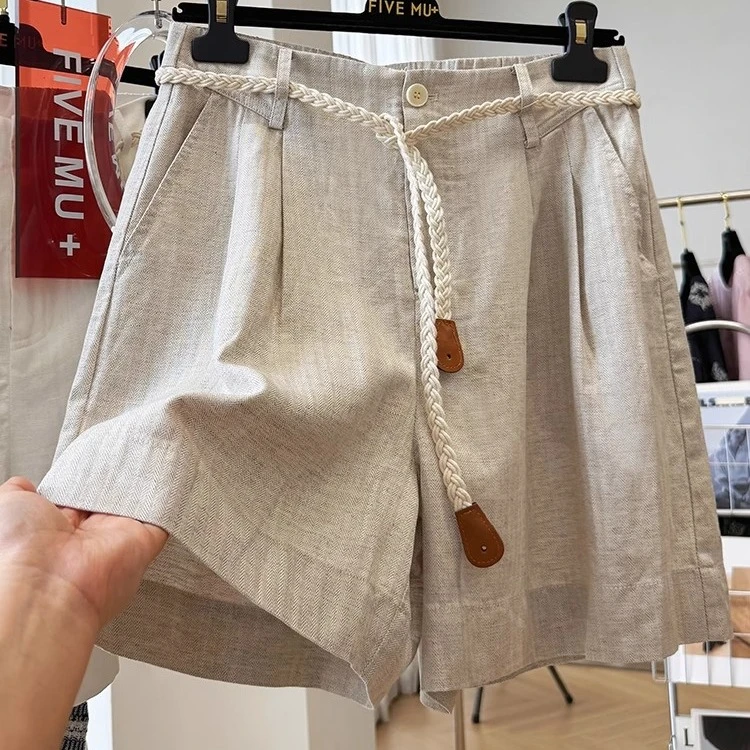 轻薄棉麻高腰休闲短裤女夏季新款休闲A字阔腿直筒裤亚麻裤子百搭