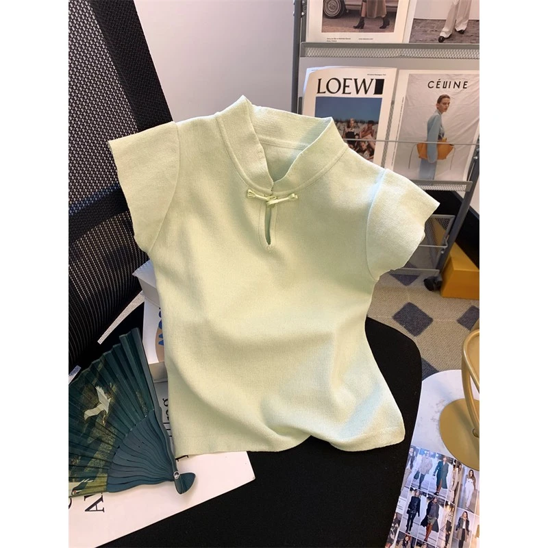 新中式盘扣小飞袖背心女夏季国风立领修身短款T恤上衣薄荷曼波风