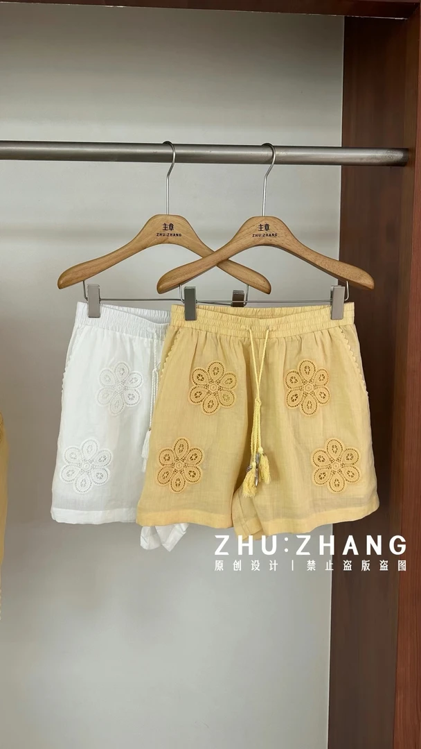 夏季苎麻绣花纯色时尚短裤裤子白色