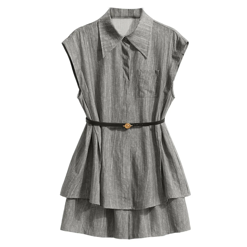 她池2025夏季新款女装翻领上衣搭休闲裤两件套时尚套装T52B1730NA