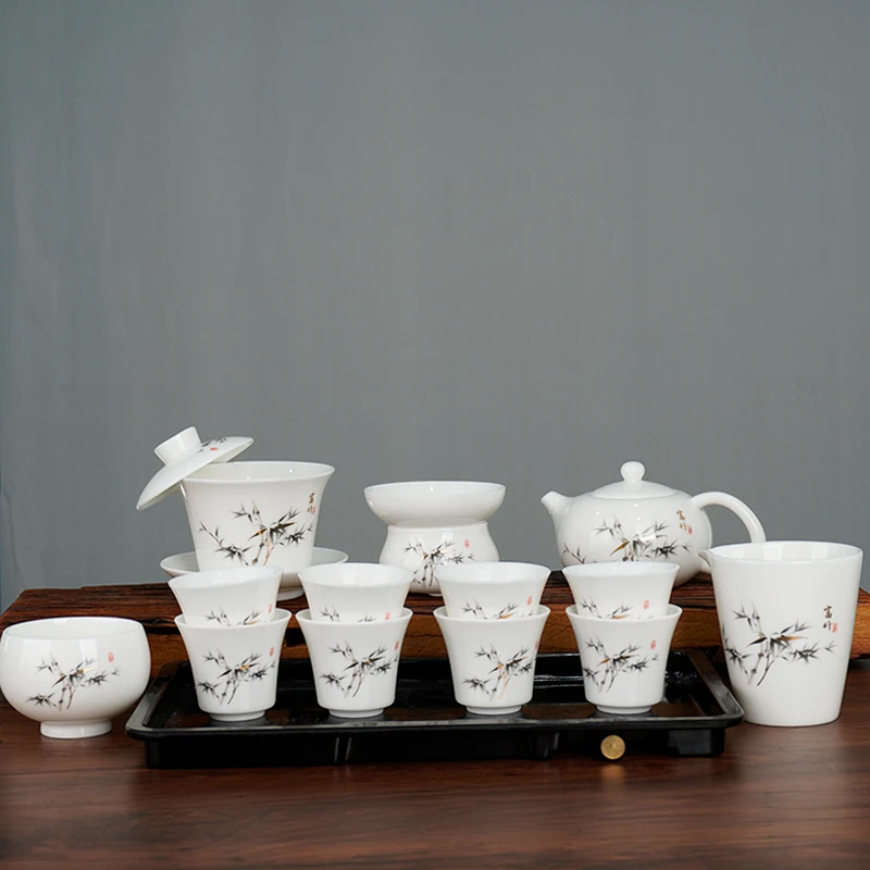 墨竹14件羊脂玉白瓷悬停盖碗凤鸣茶壶功夫茶具套装 安全包装