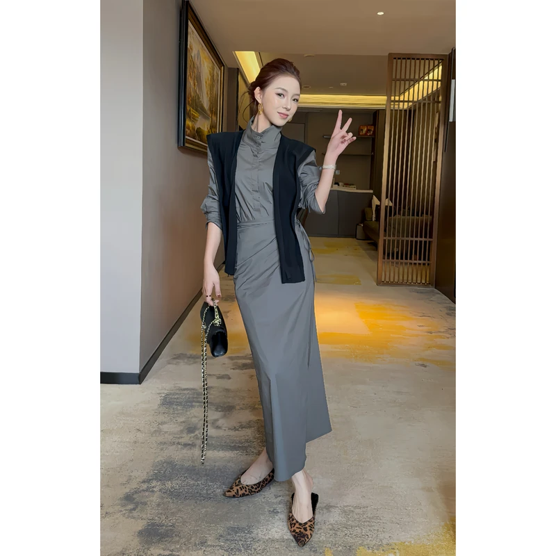 【娇娇私服定制】新款法式立领不规则衬衫连衣裙（裙长123）82088#
