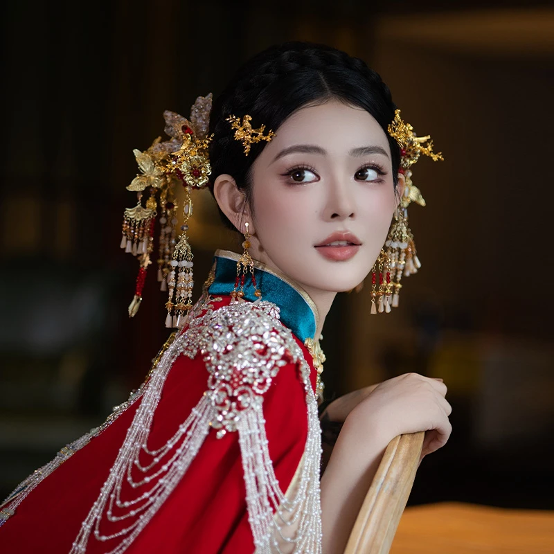 秀禾头饰新款金色发簪新娘结婚饰品晨袍旗袍配精致手工发饰D0426