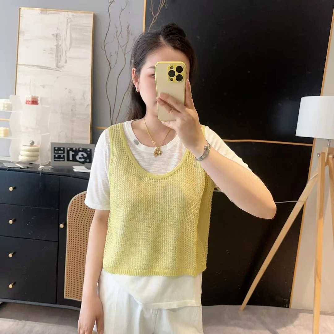 【欧加粒粒】韩版纯色镂空吊带背心短袖T恤两件套2025夏 T25042536