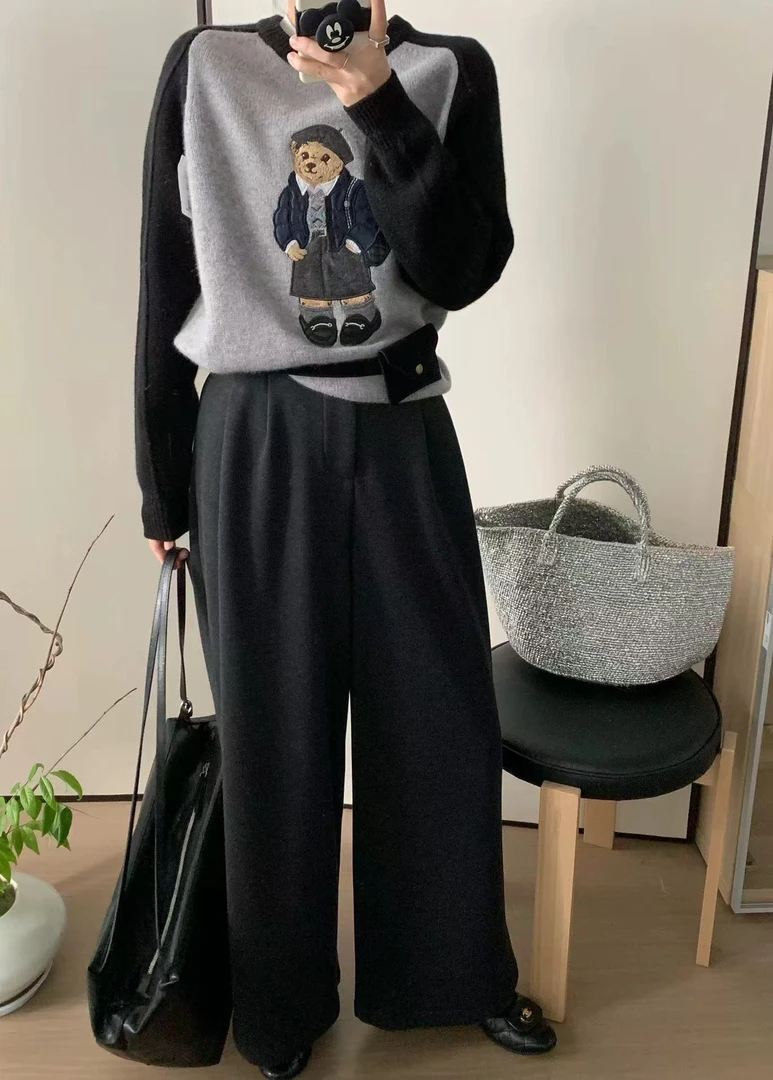 重工刺绣小熊拼色8320针织上衣欧洲站2024秋季新款韩系减龄毛衣女