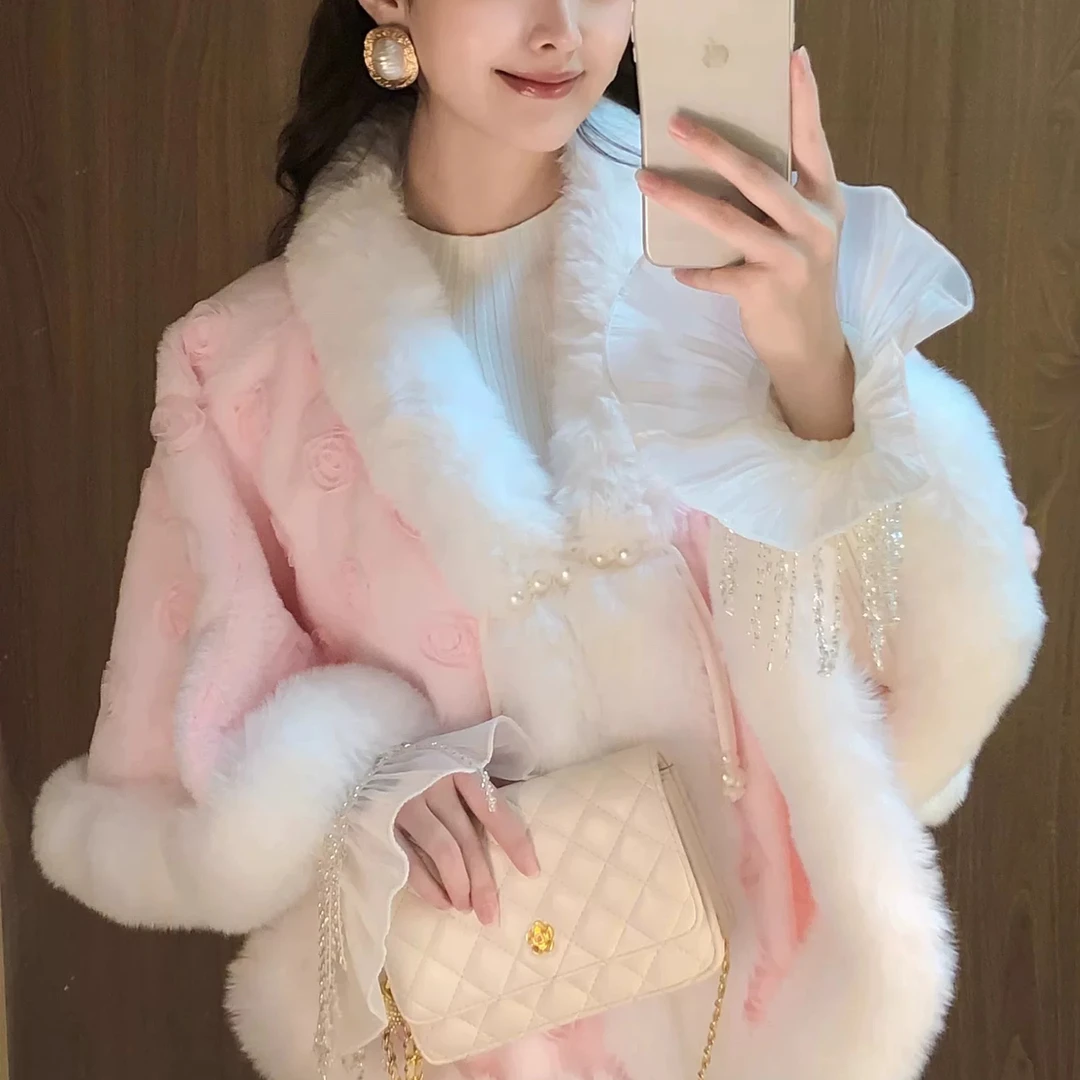 玫瑰花国风新中式钉珠盘扣毛领加绒厚斗篷披肩女旗袍披风外套外搭