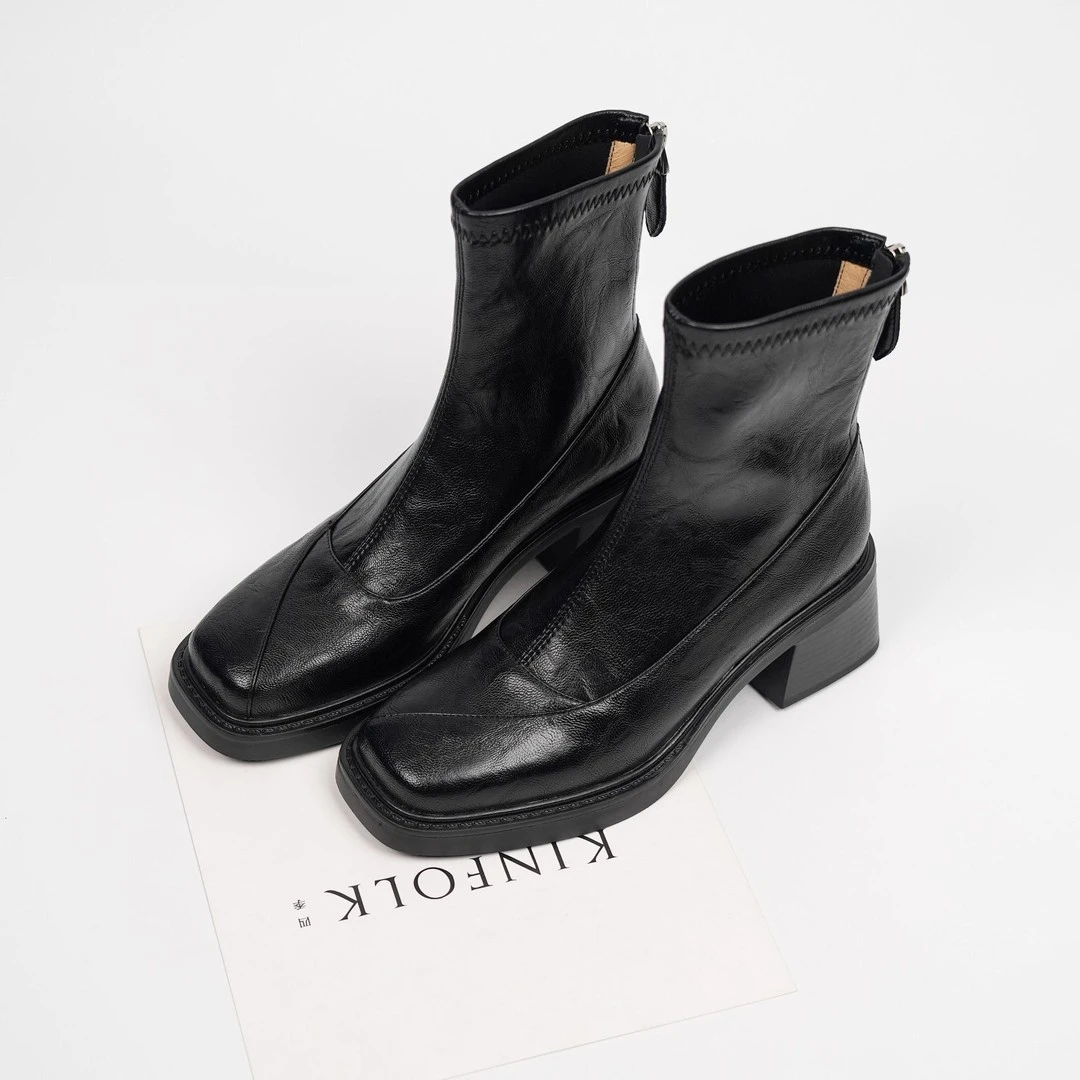 羊皮版~厚底法式小短靴女2025新款秋冬棕色高跟弹力瘦瘦切尔西靴