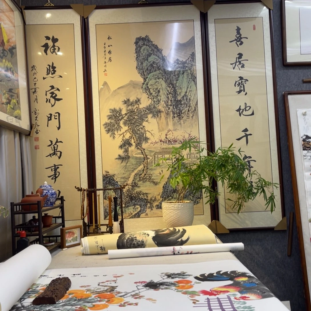 国画四尺松山雅居山水中堂画框164×182