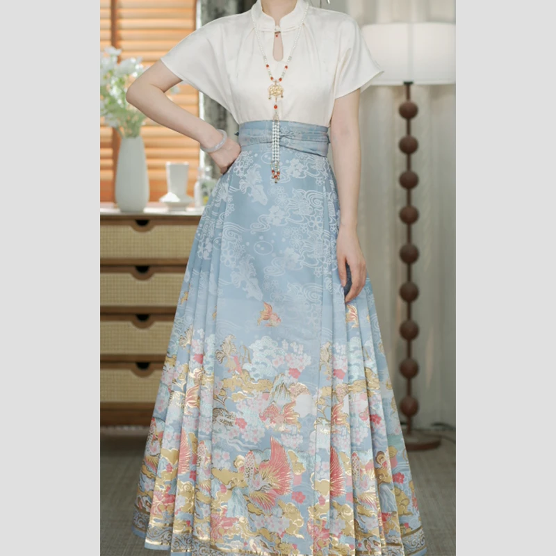 小金鱼套装-【短袖+马面裙】仿妆花织金马面裙短袖日常醉雨朵