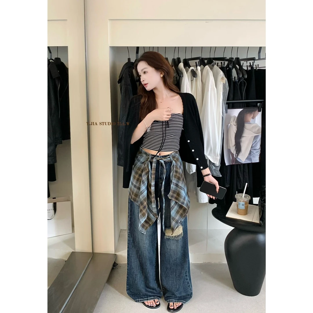 2025秋季新款可拆卸屁帘牛仔裤女水洗破洞高腰宽松百搭阔腿长裤子