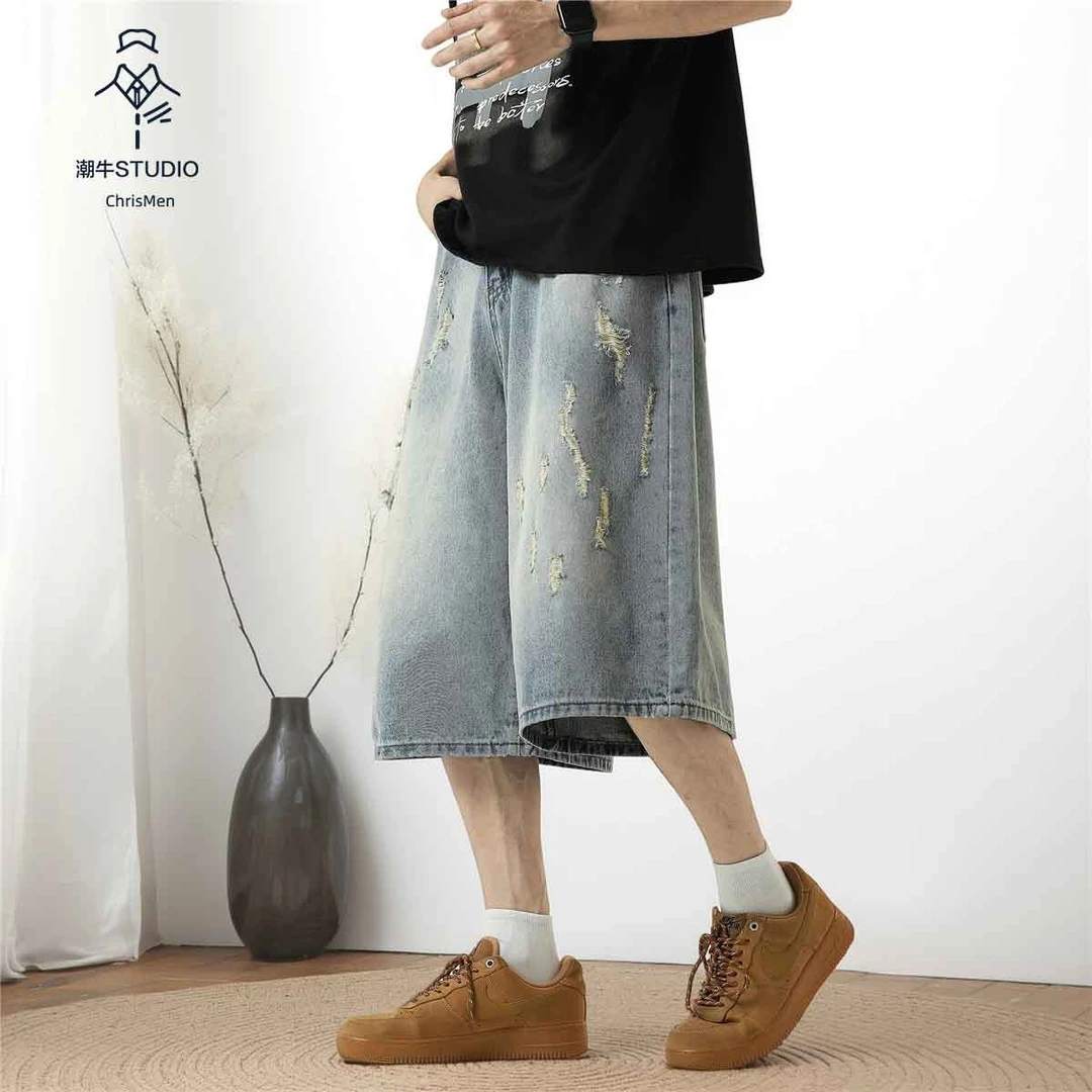 男女夏季新款宽松多水洗短裤情侣牛仔美式破洞阔腿水洗牛仔七分裤