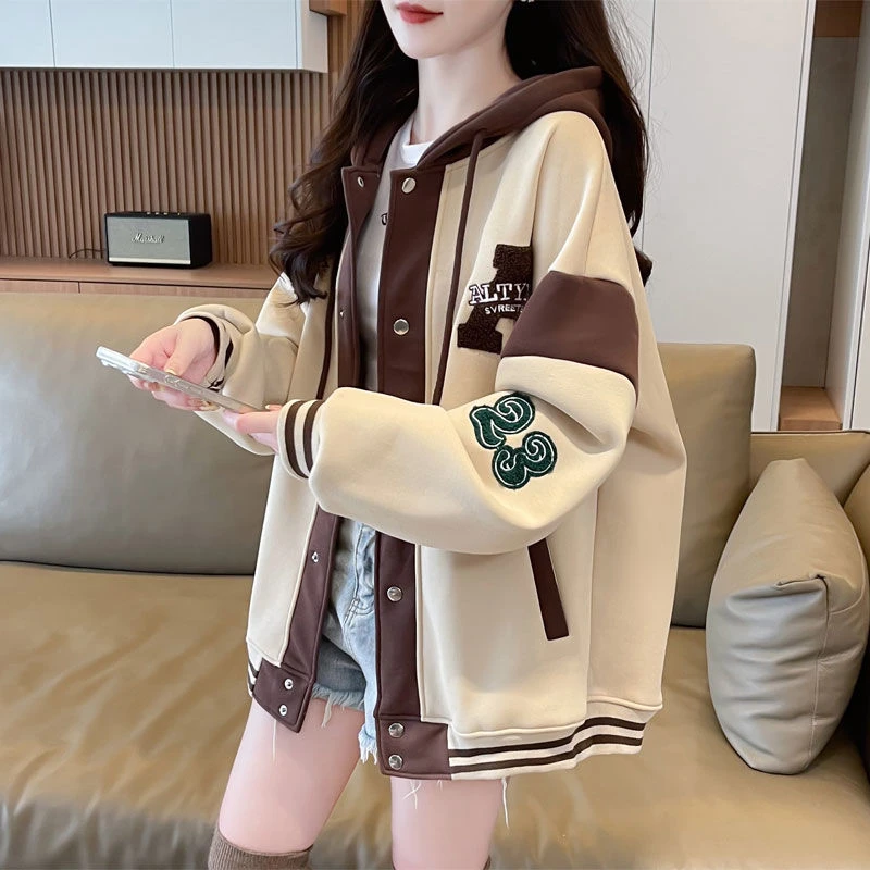 新款韩版宽松纯棉拼色棒球外套女春秋学生潮卫衣绣花纽扣连帽中长