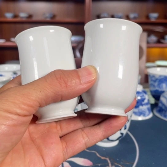 杯白釉闻香杯一对，景德镇手工制作茶具