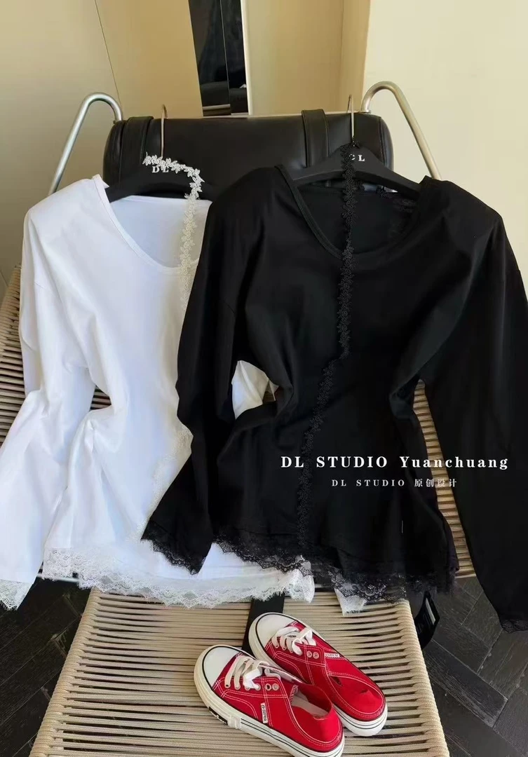 宽松拼接蕾丝长袖打底T恤设计感上衣