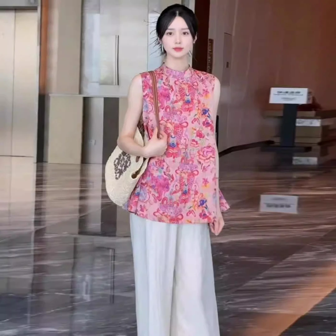 新中式国风套装女夏季时尚印花无袖中长款上衣+阔腿裤气质两件套