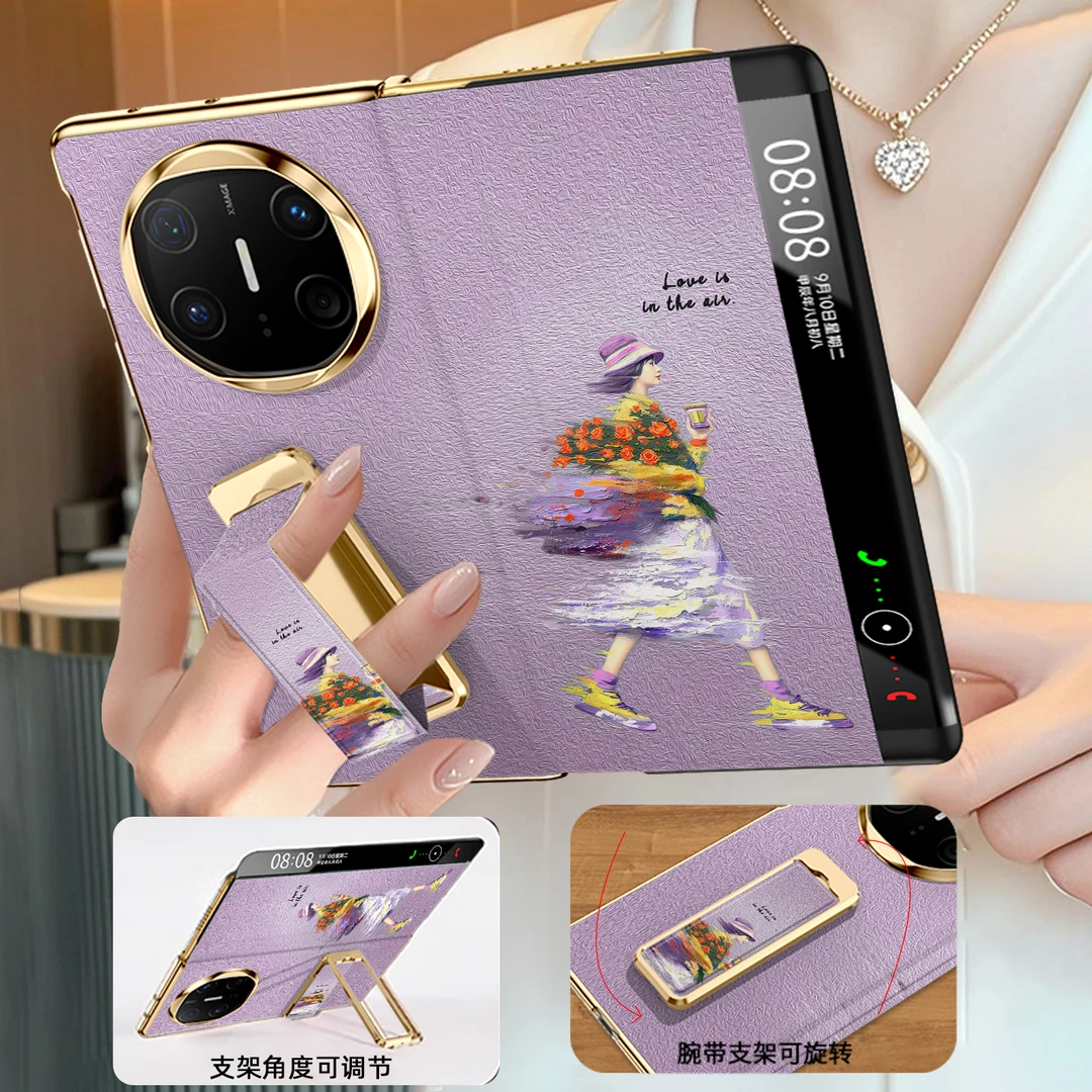 【翻盖腕带支架】油画捧花女孩适用华为matex6手机壳matex5新款x3