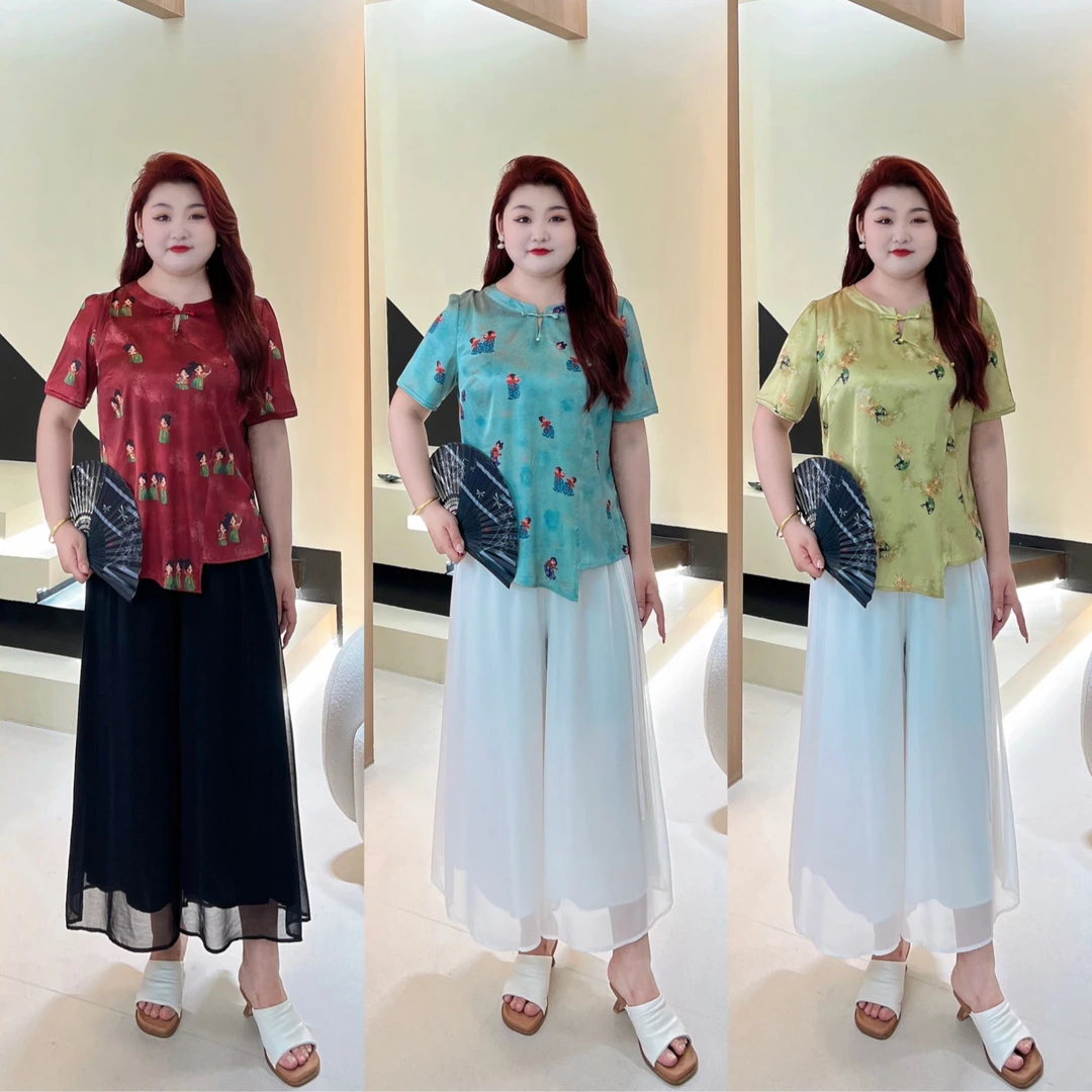 【上新现货上衣】PMM82030夏季新中式气质显瘦大码国风印花盘扣上衣