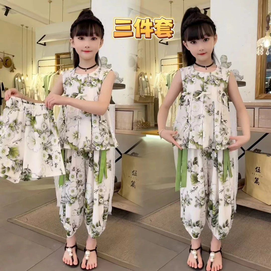 女童套装2025夏季新款时尚茉莉花无袖印花上衣短裤防蚊裤潮酷套装