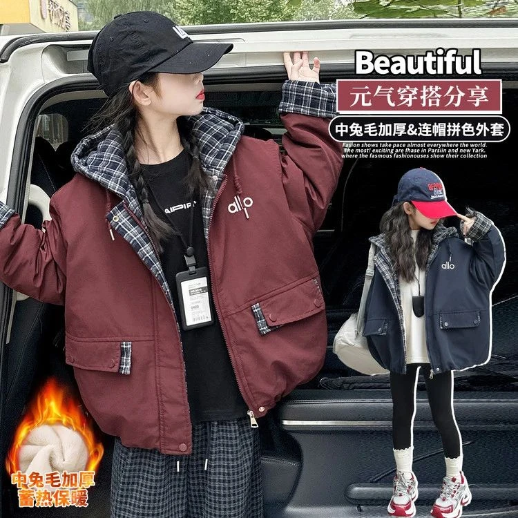 女童加绒派克服冬季新款中大童加厚假两件连帽棉衣儿童冬装4-15岁