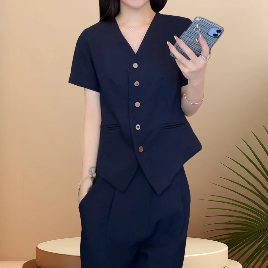 2025夏季新款显瘦气质两件套女时尚韩系短袖上衣西装阔腿裤两件套