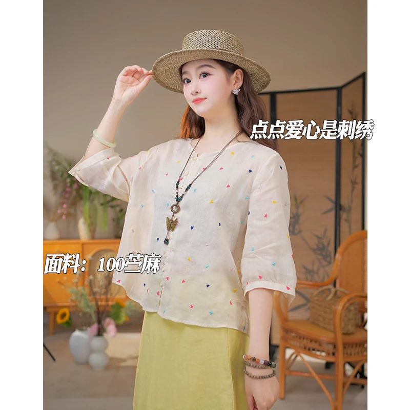 苎麻-夏季自制波点衬衫气质文艺单排扣透气上衣-W1441