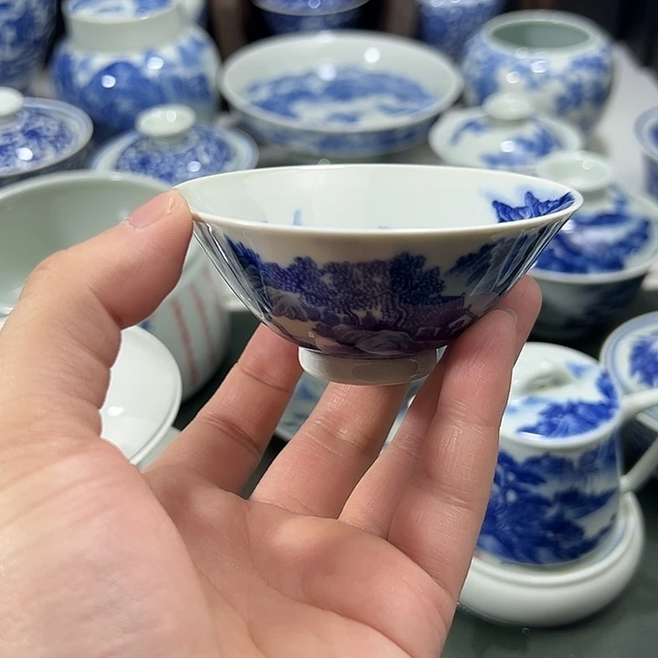 微瑕柴窑工笔山水内外画薄胎斗笠碗