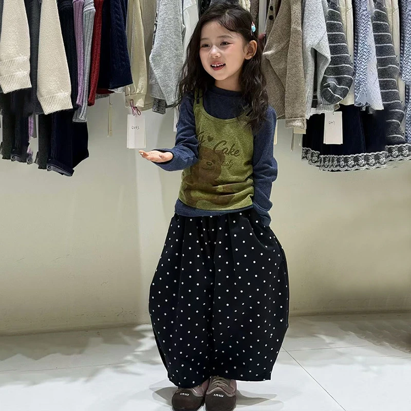 【安安家】女童秋季新款印花吊带打底衫休闲波点裤子三件套潮R25522
