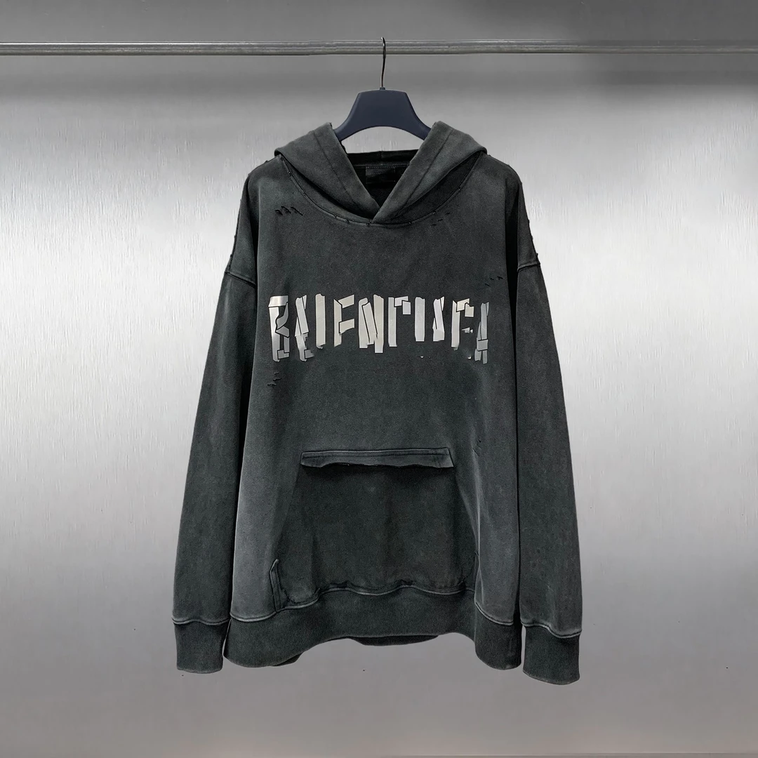 巴黎连帽卫衣原版原标硅胶龟裂字母水洗磨破带帽男士休闲宽松秋季