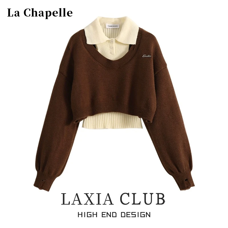 拉夏贝尔学院风polo领长袖针织衫女秋2025新款设计感短款内搭毛衣